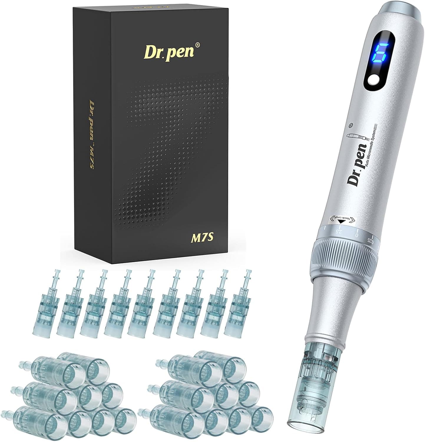 Dr.pen Última M7S Microneedling, 2025 Último modelo de Dr.pen, melhora rugas e ciclizes, Microneedling Pen com 27 cartuchos (9 modelos), para rosto e crescimento de barba de cabelo, prata