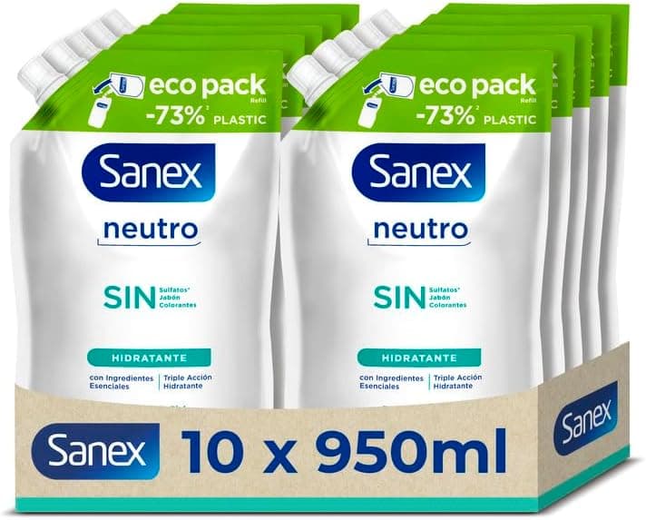 Recarga de gel de duche Sanex Neutro Hidratante Pack de 10 x 900 ml, com ingredientes essenciais, 0% sulfatos, 0% sabão e 0% corantes, gel de duche para todos os tipos de pele, hidratação duradoura