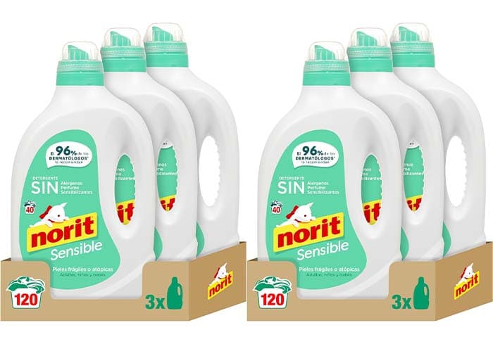 NORIT Sensível - detergente líquido hipoalergénico sem perfume, para peles sensíveis e atópicas, adequado para adultos, crianças e bebés, pack de 6 x 2.12L