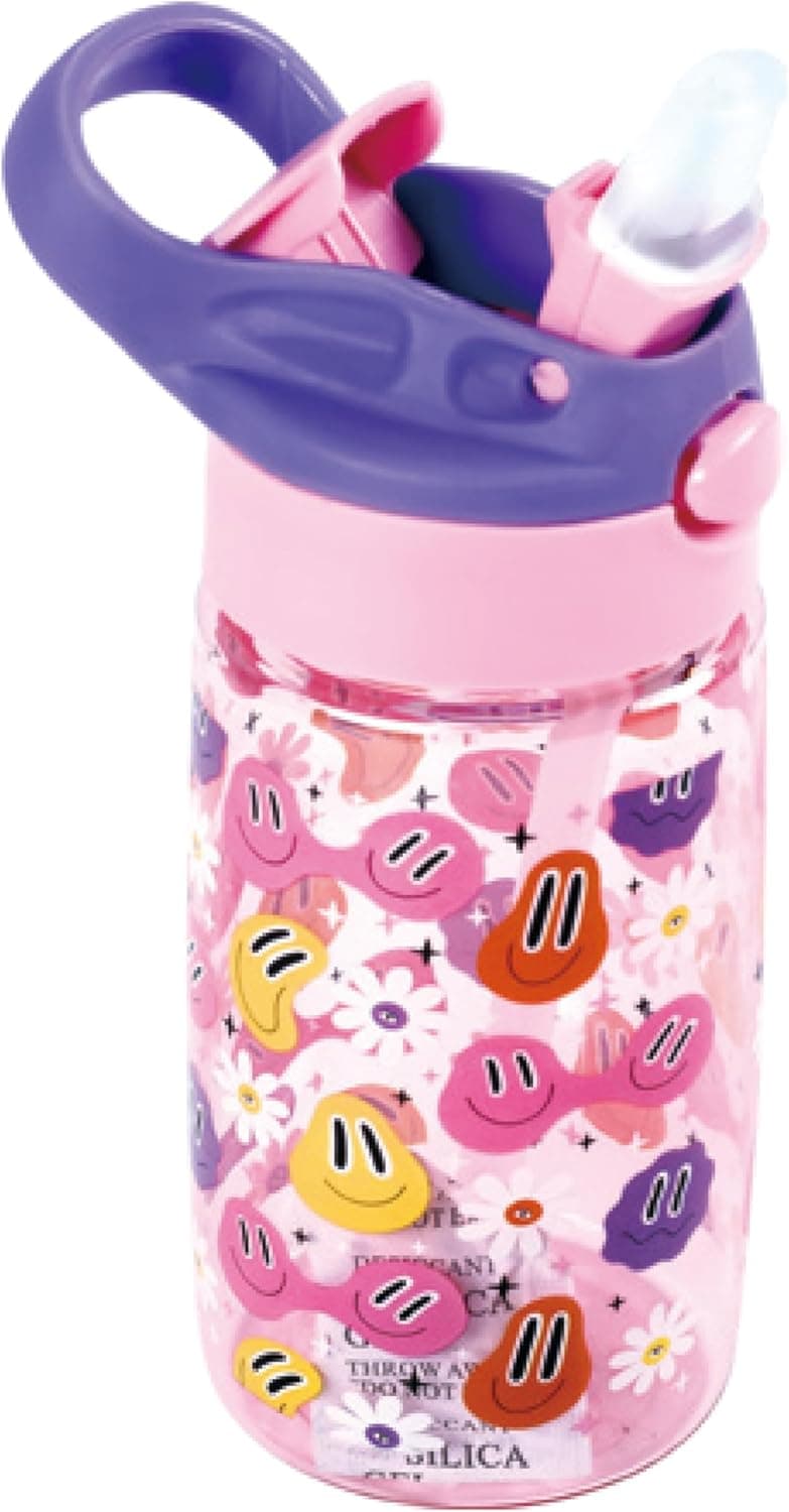 Keyroad Garrafa de água infantil de 450 ml / à prova de fugas, garrafa de água infantil de plástico/tema: sorriso roxo