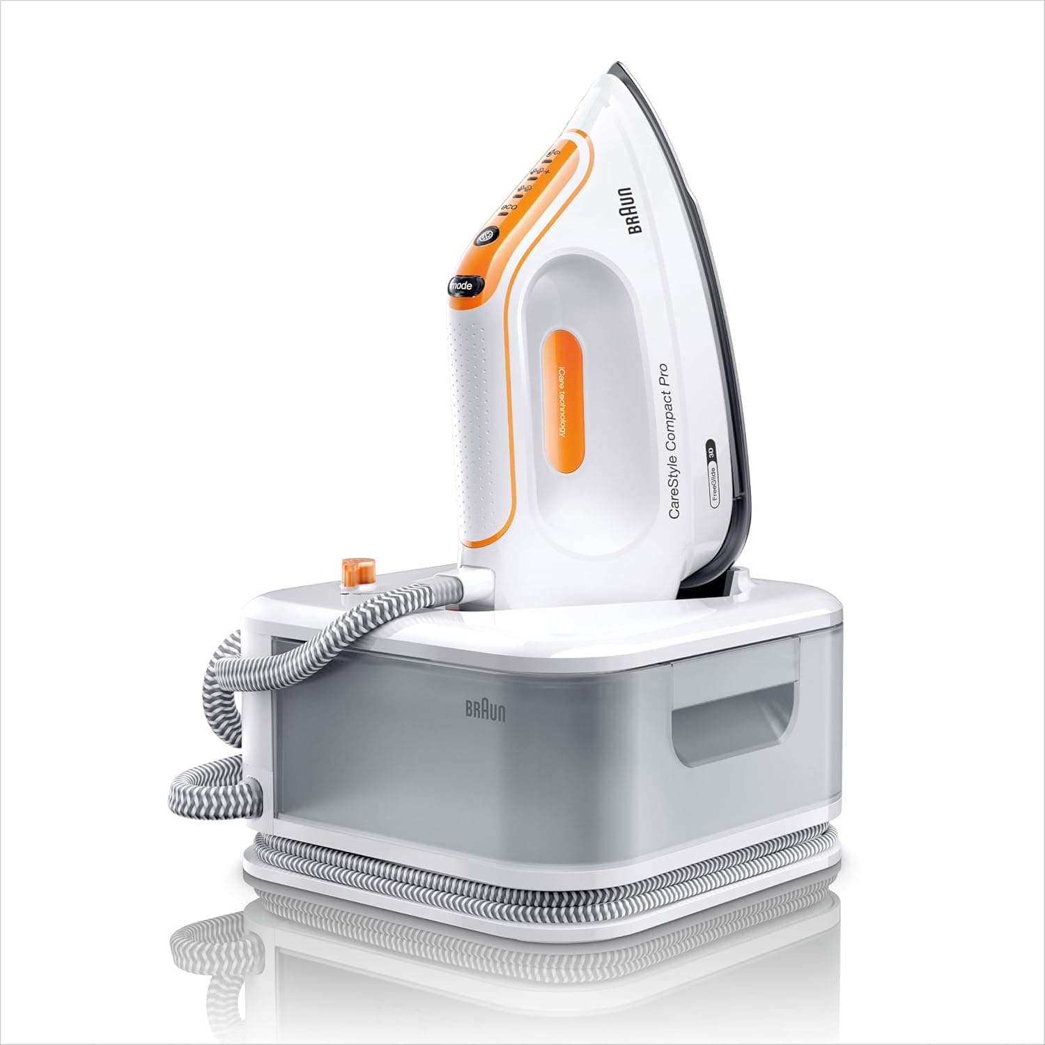 Braun CareStyle Compact Pro Ferro de gerador de vapor, FreeGlide 3D, modo iCareMode, Eco e Turbo, vapor vertical, anti-gotejamento, depósito de água 1,5 l, 6 bar/400 g/min, 2400 W, branco/Laranja