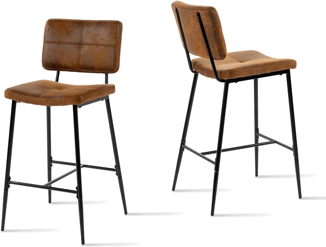 MEUBLE COSY Bancos de bar conjunto de 2, cadeiras de cozinha em camurça com encosto e apoio para os pés, assento acolchoado de 75 cm de altura, pernas de aço, castanho
