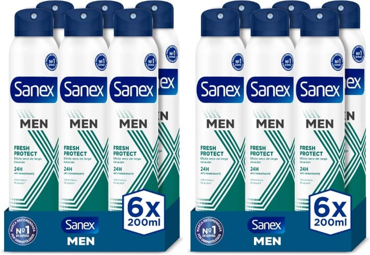 Sanex Men Fresh Protect Desodorante em spray anti-respirável, pack de 6 x 200 ml, efeito seco de longa duração, fórmula anti-irritação, proteção 24 h contra suor e odor, 0% álcool