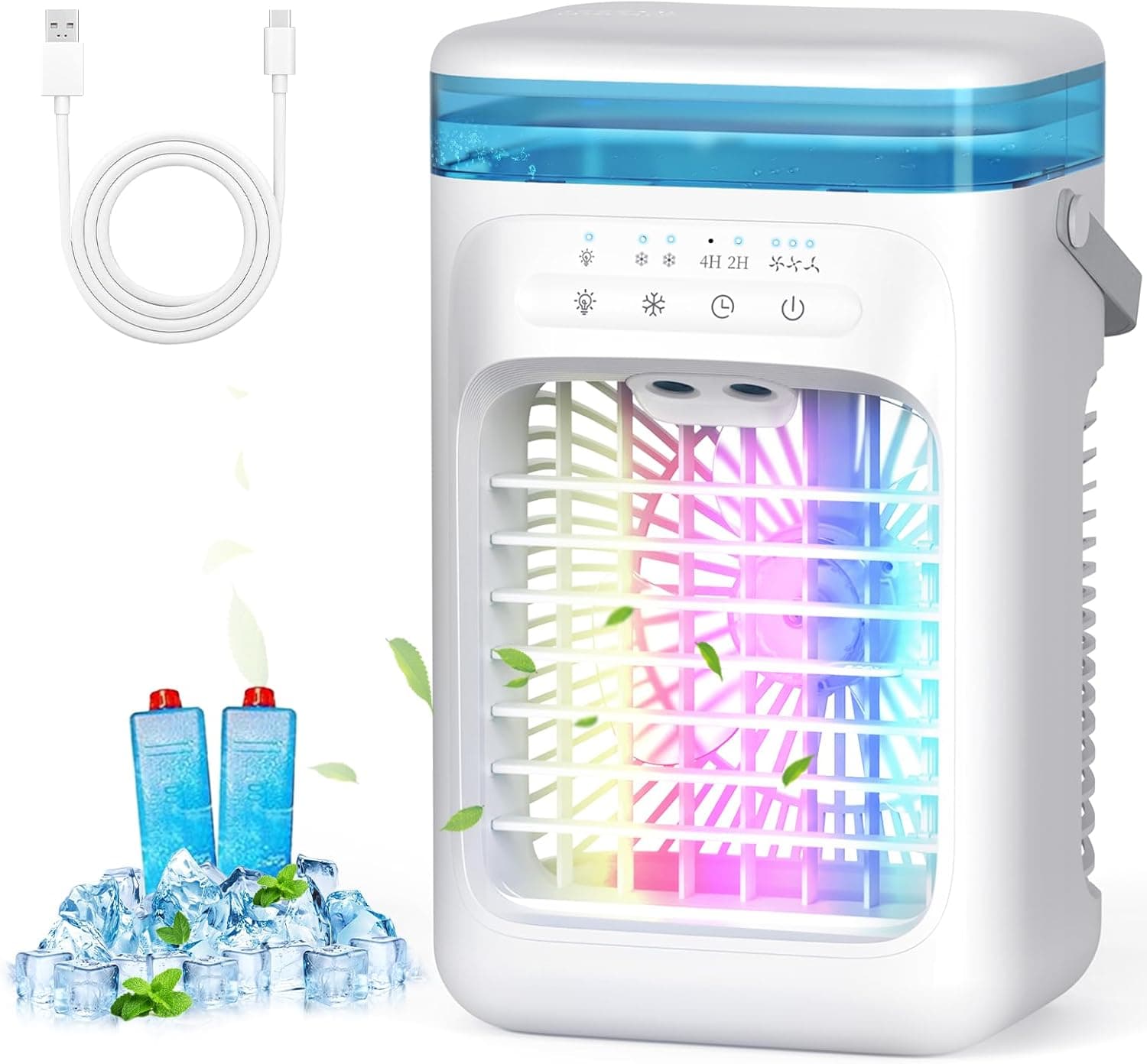 AIMIUVEI Mini ar condicionado portátil, 5 em 1 refrigerador de ar, ventilador de 1000 m, 3 velocidades, 2 nebulosidade, 2 - 4H cronometrado, 7 LED ventilador frigorífico para quarto escritório