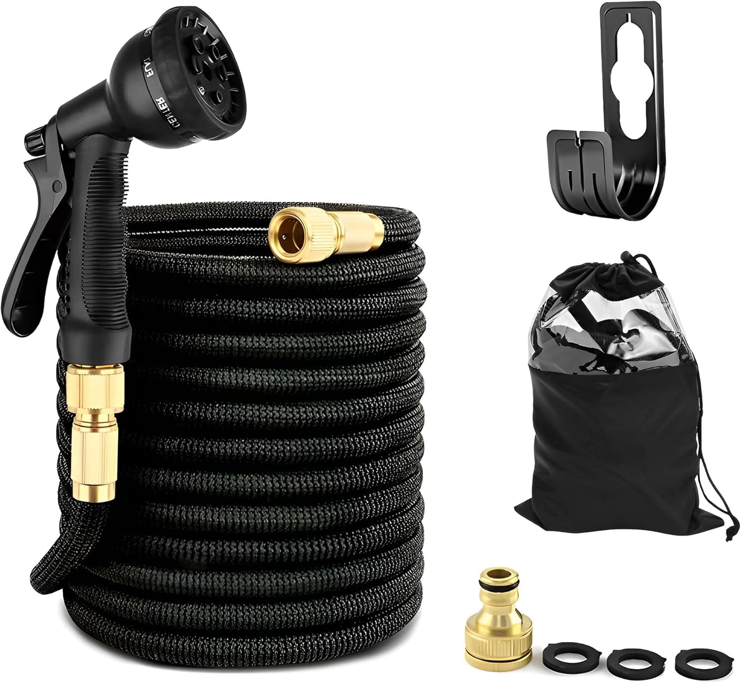 Mangueira de água extensível para jardim 22,5 m. Mangueira com pistola de pulverização de água de 8 modos, flexível com alta resistência para lavagem de carro, pátio e animal de estimação. Inclui saco