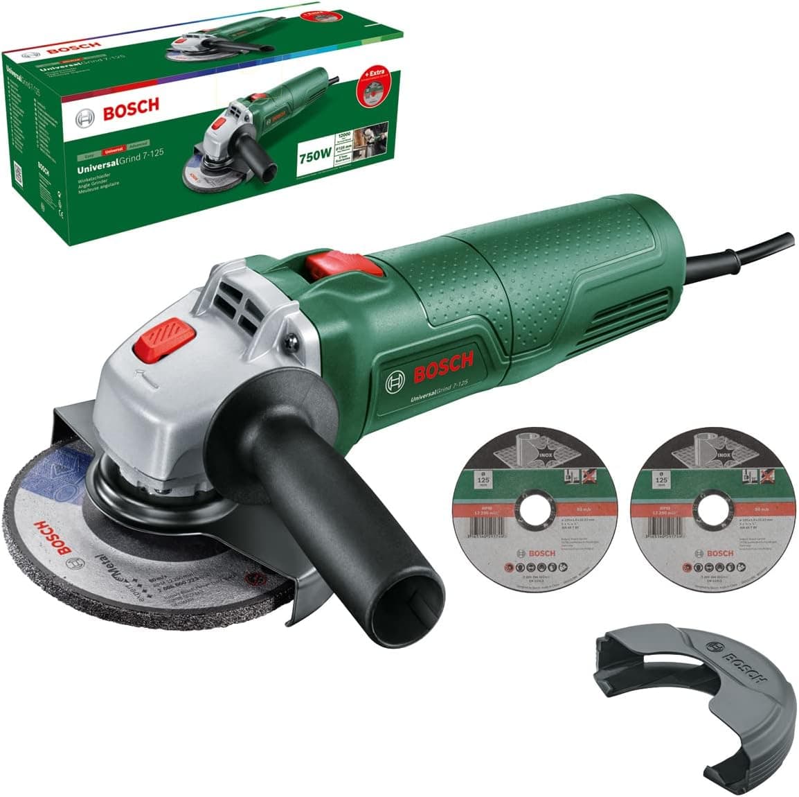 Bosch Moedor pequeno UniversalGrind 750-125, 750 W, com 2 discos de corte reto e 1 disco de molagem, para molar, cortar, escovar e lixar, em embalagem de cartão, edição para a Amazon