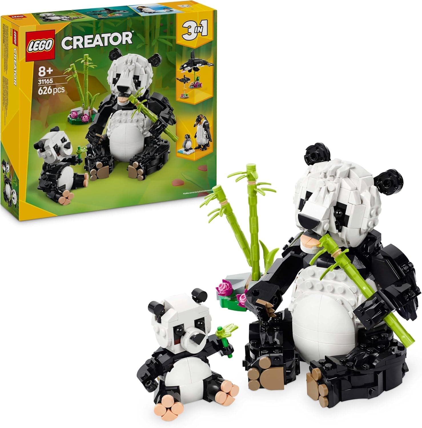LEGO Criator 3 em 1 fauna selvagem: Família de Pandas transformável em figuras articuladas de orquídeas e pinguins de brinquedo, jogos com animais, presente para meninas e meninos de 8 anos ou mais