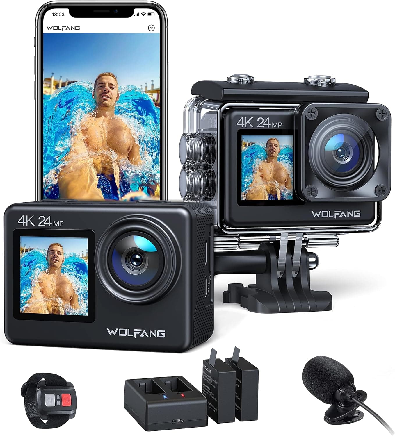 WOLFANG GA200 Câmara desportiva 4K 24 MP, ecrã duplo Wi-Fi, câmara de vídeo, câmara aquática impermeável impermeável de 40 m, 170° grande angular, controlo remoto EIS melhorado, 2 baterias, carregador, multi acessórios os