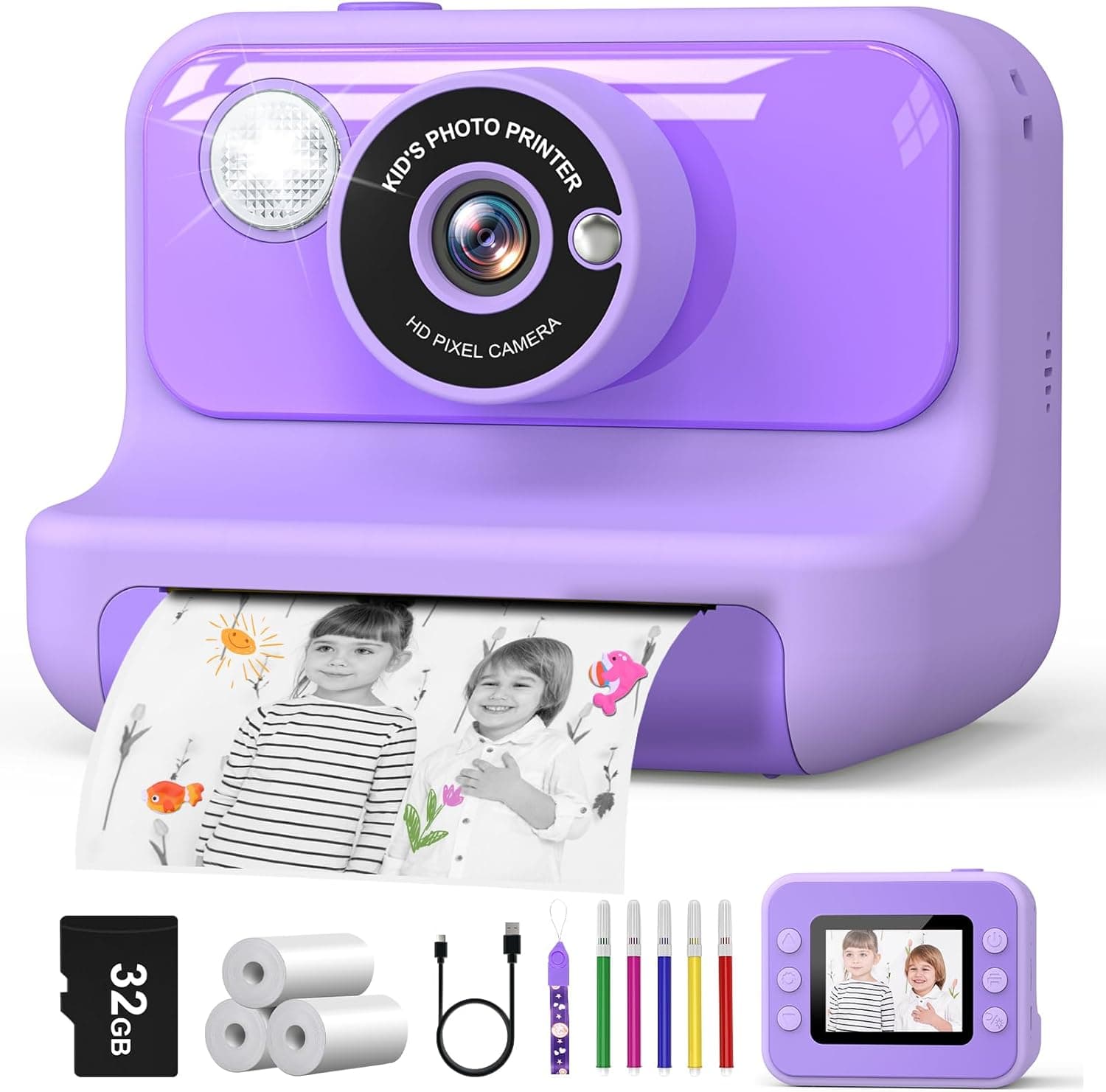 Hangrui Câmara fotos infantis instantâneas, 2,4 polegadas câmara fotos infantis com cartão de 32G, 1080P câmara instantânea para crianças com papel de impressão e canetas de cores, presentes brinquedo
