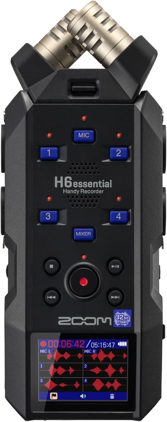 Zoom H6essential (2024 Model, série Essencial) a 32-Bit com ponto flutuante, acessibilidade, 6 faixas, micros estéreo, 4 entradas XLR/TRS, interface de áudio, para músicos, podcasters e cineastas