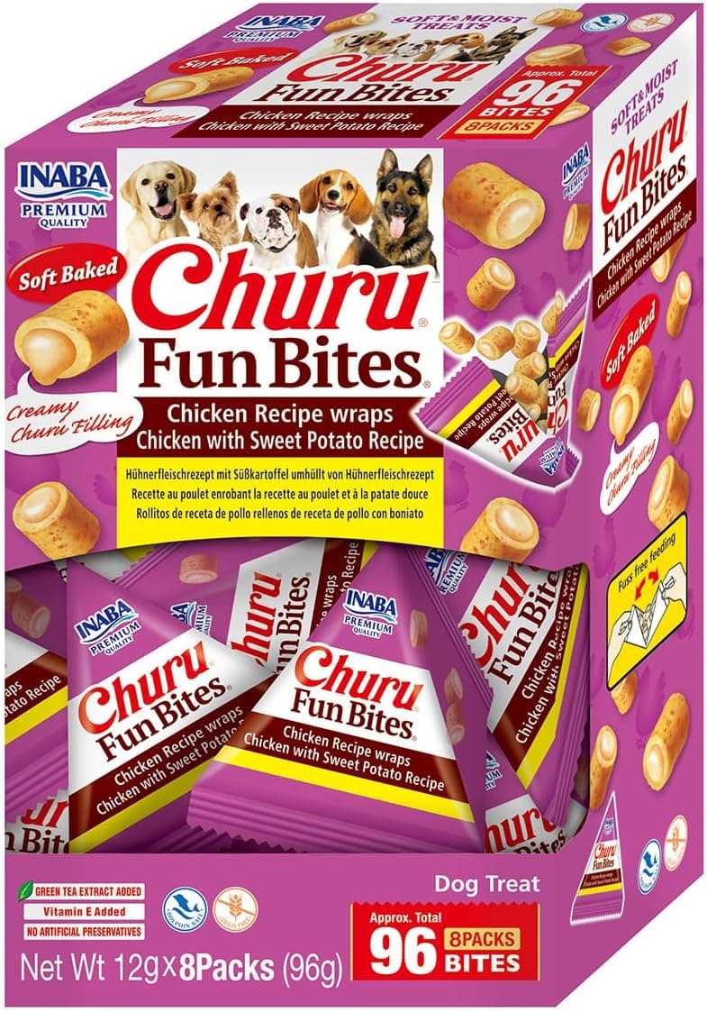 INABA Churu Fun Bites Snack para cães, bocados de frango e batatas doces, 8 embalagens de 12 g, comida macia e deliciosa para cães, sem conservantes ou corantes artificiais, sem grãos