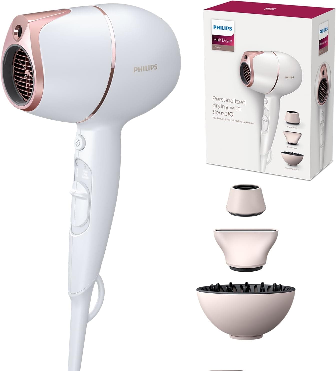 Philips Secador de cabelo Prestige – Tecnologia SenseIQ personalizada para proteção contra superaquecimento, sensor infravermelho, tecnologia iónica, inclui difusor e boquilhas de penteado
