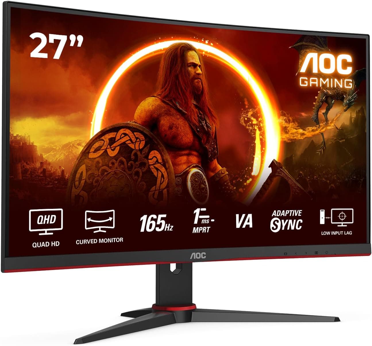 AOC Gaming CQ27G2SE Monitor curvo QHD de 27", adaptador Sync, 2560 x 1440, 165 Hz, HDMI 1.4, DisplayPort 1.2, preto/vermelho