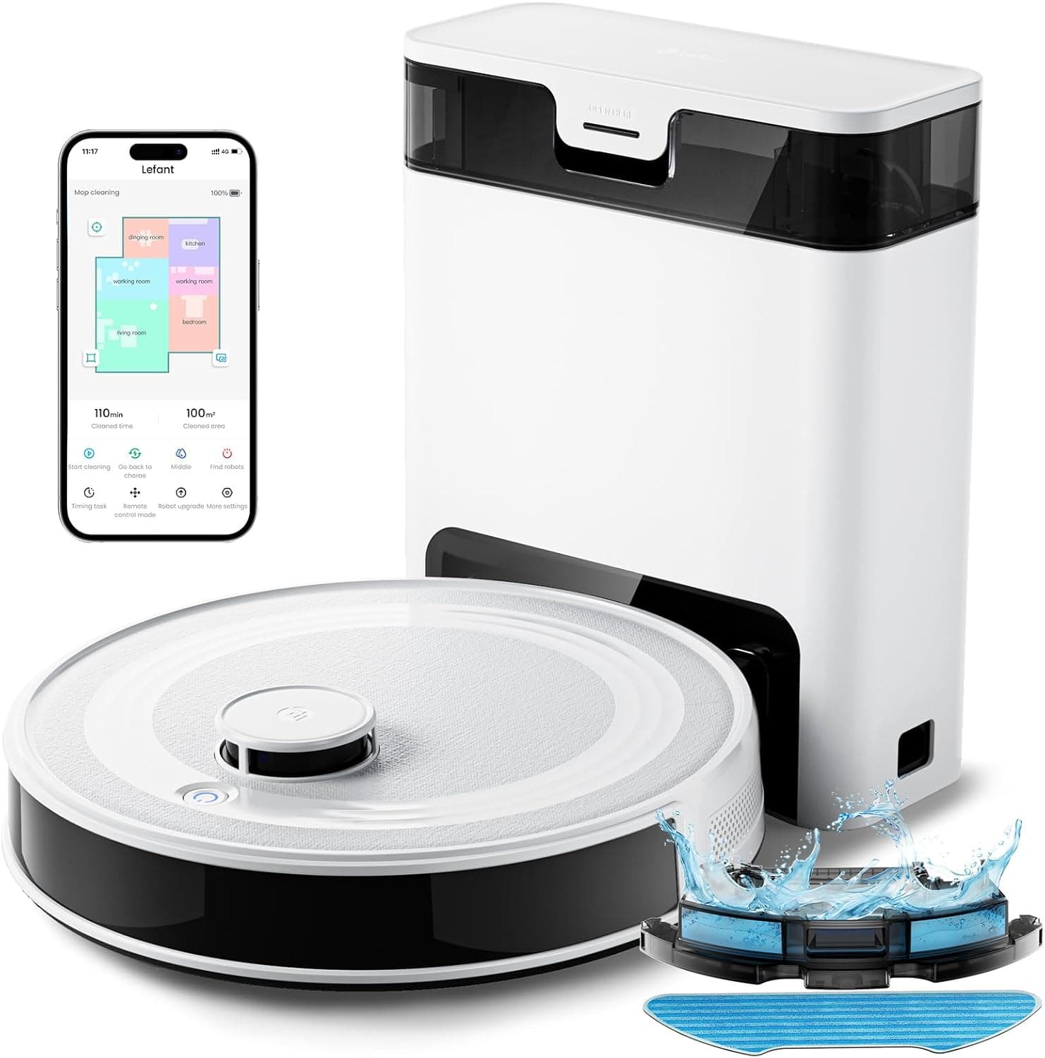 LEFANT Robot aspirador e máquina de lavar M2S Pro, navegação dToF, auto-esvaziamento de 8 semanas, prevenção de obstáculos de 190°PSD, limpeza personalizada, mapeamento multiplanta, 7000Pa, 240 min