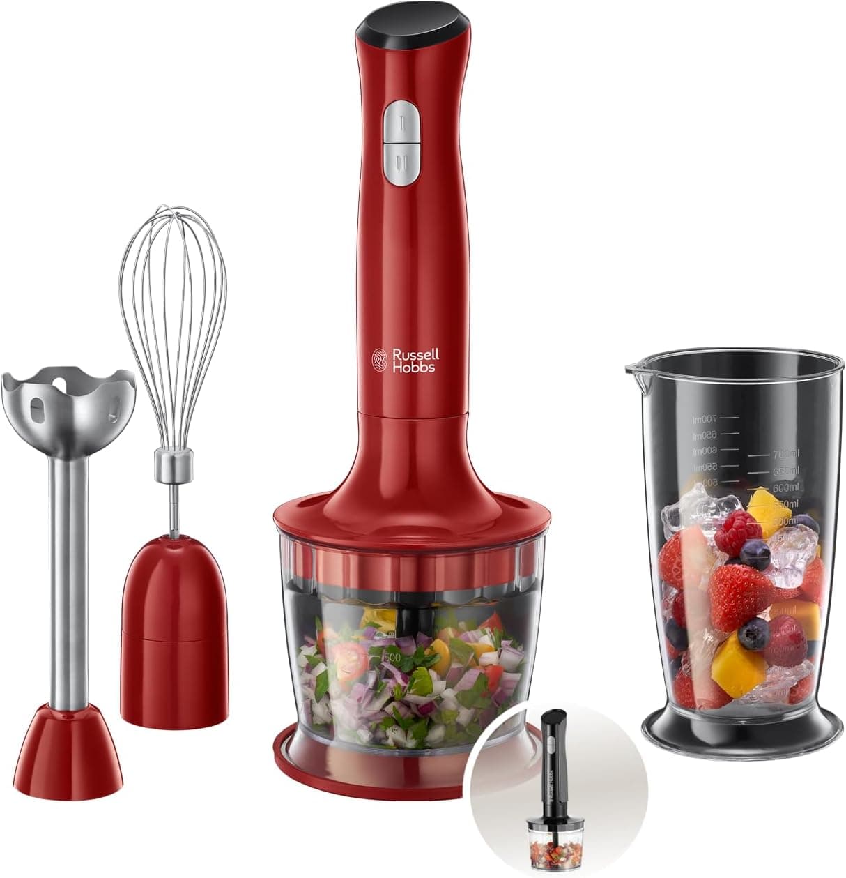 Russell Hobbs Liquidificadora de mão Desire, Liquidificadora 3 em 1, picadora, varetas de batedeira, lâminas de aço inoxidável, copo de 0,5 l, 2 velocidades, função de pulso, vermelho, 24700-56
