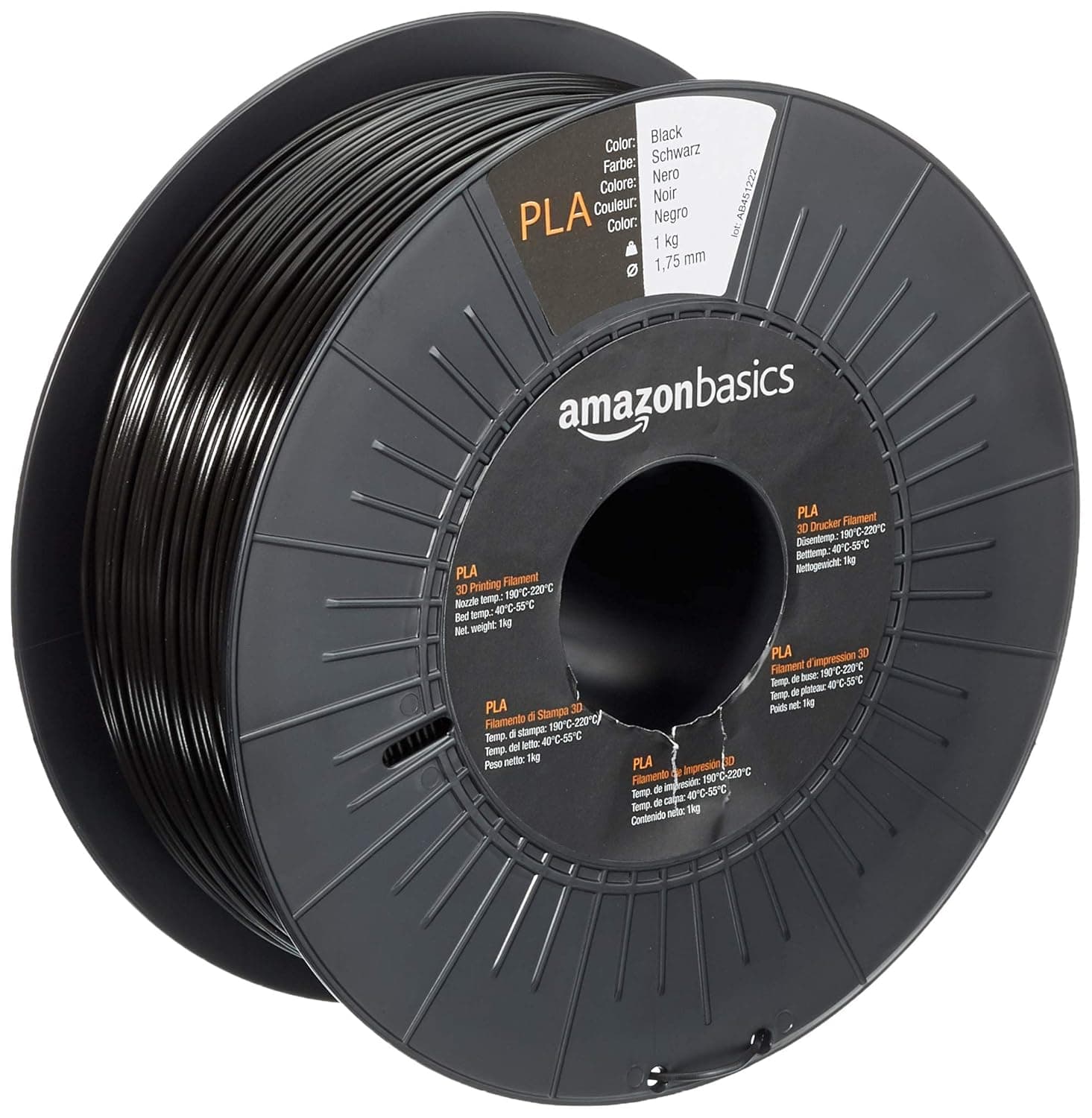 Amazon Basics Filamento para impressora 3D, ácido polilático (PLA), 1,75 mm, fita de 1 kg, preto