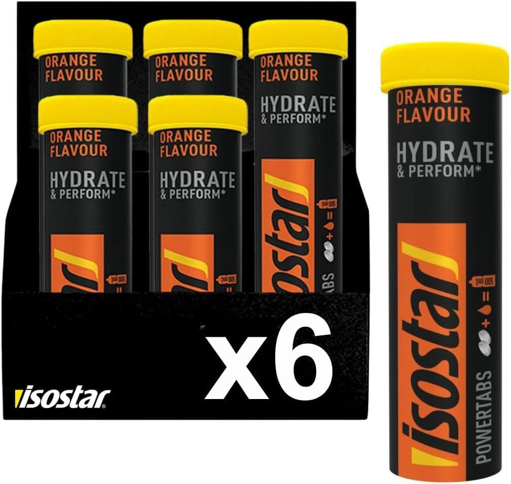 Isostar Hydrate & Perform Powertabs Preparado para Bebida de Aporte Glúcidos y Electrolitos, Sabor Naranja, Fórmula Isotónica, Resistencia en Entrenamientos Prolongados, 120g (10x12g), 6 Unidades