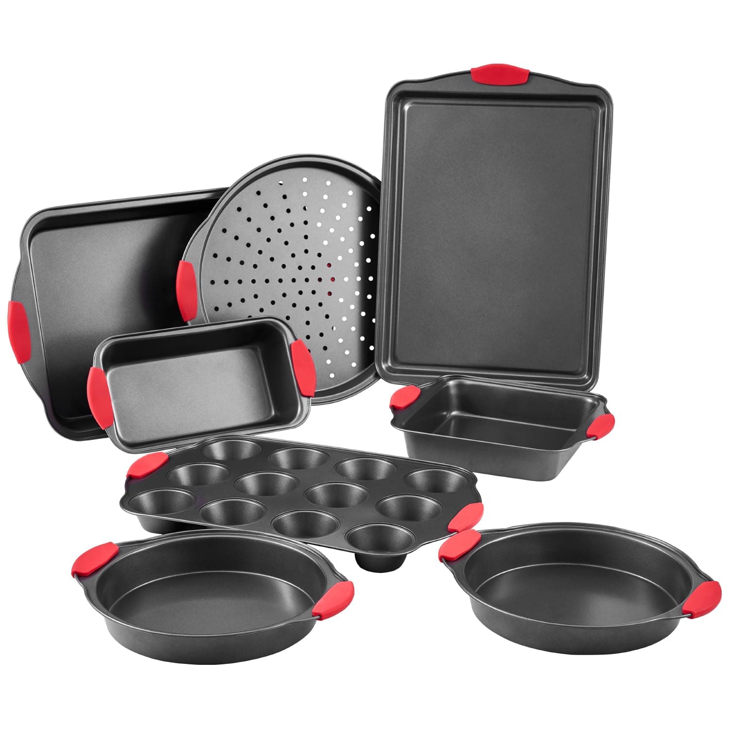 VEVOR Conjunto de panelas para assar, 8 peças, bandejas e folhas de aço de carbono anti-aderentes, para forno com alças de silicone, fáceis de limpar, para assar bolachas, uffins e pão, preto