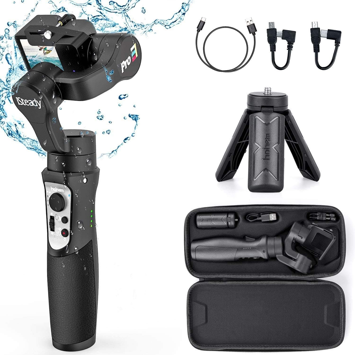 Hohem iSteadyPro - Estabilizador de cardan de 3 eixos à prova de salpicos para câmaras de ação dji, GoPro, Yi, SJCam, cor preta ISP3B
