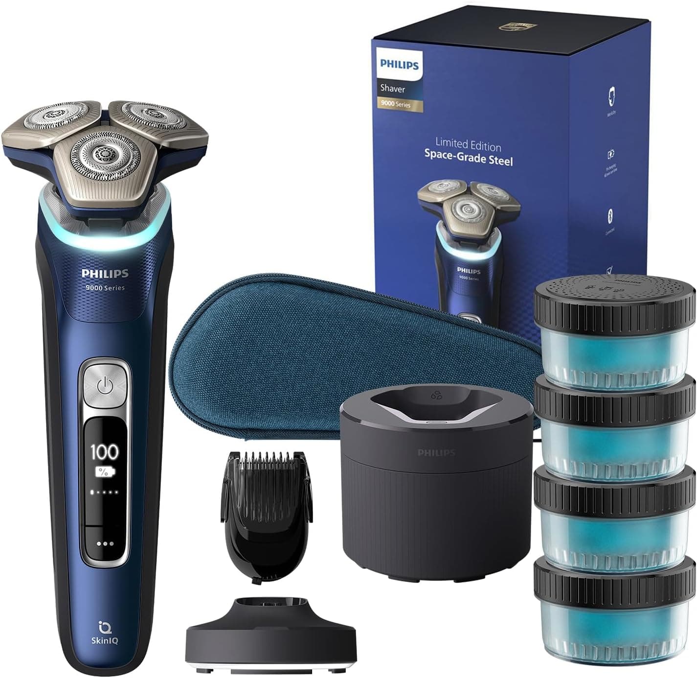 Philips Series 9000 S9980/74 | Máquina de barbear rotativa masculina recarregável com centro de limpeza e 4 recargas para barbear húmido e seco