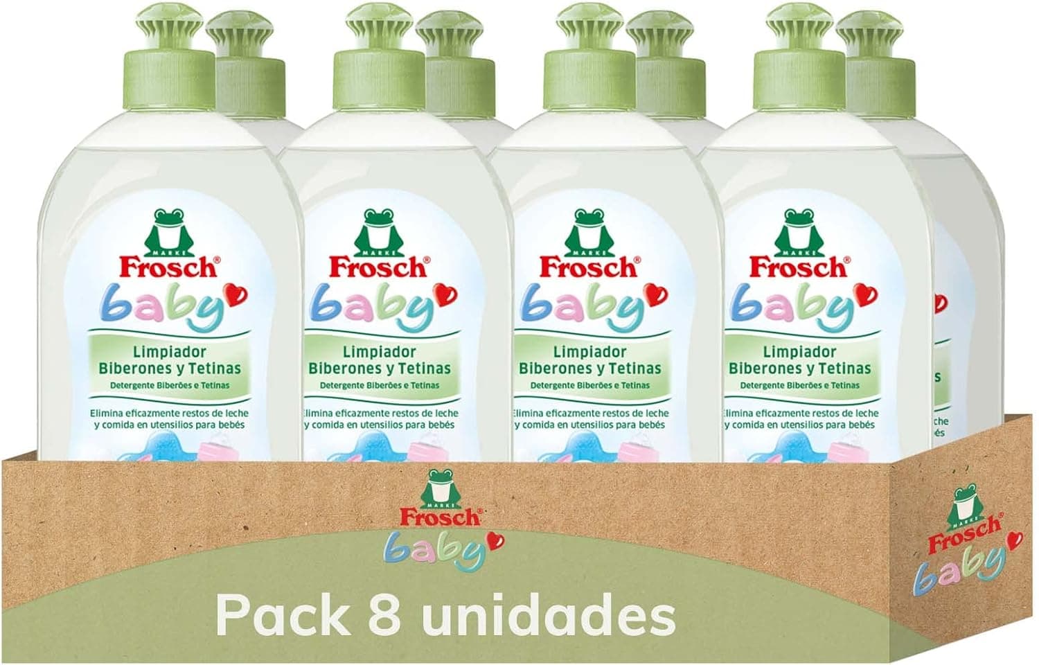 Frosch Baby Limpador de biberões e cetinas, elimina resíduos de leite e alimentos, produto hipoalergénico e ecológico, conjunto de 8 unidades x 500 ml