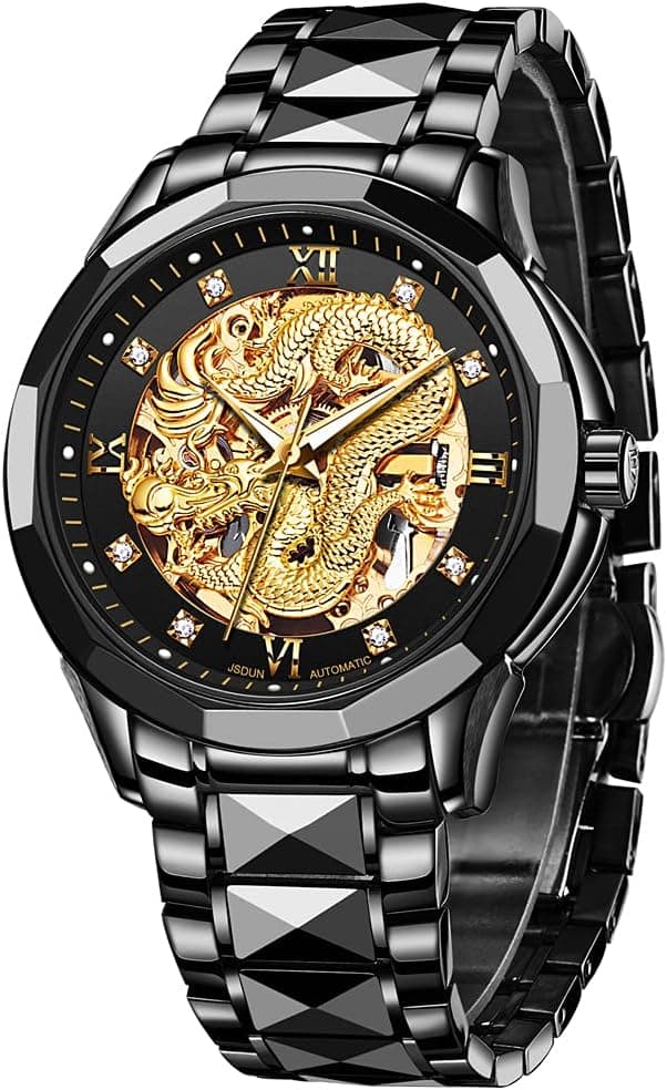 OLEVS Relógio de homem automático mecânico de dragão oco de luxo formal ouro diamante 50 m resistente à água de aço de tungsténio relógio luminoso