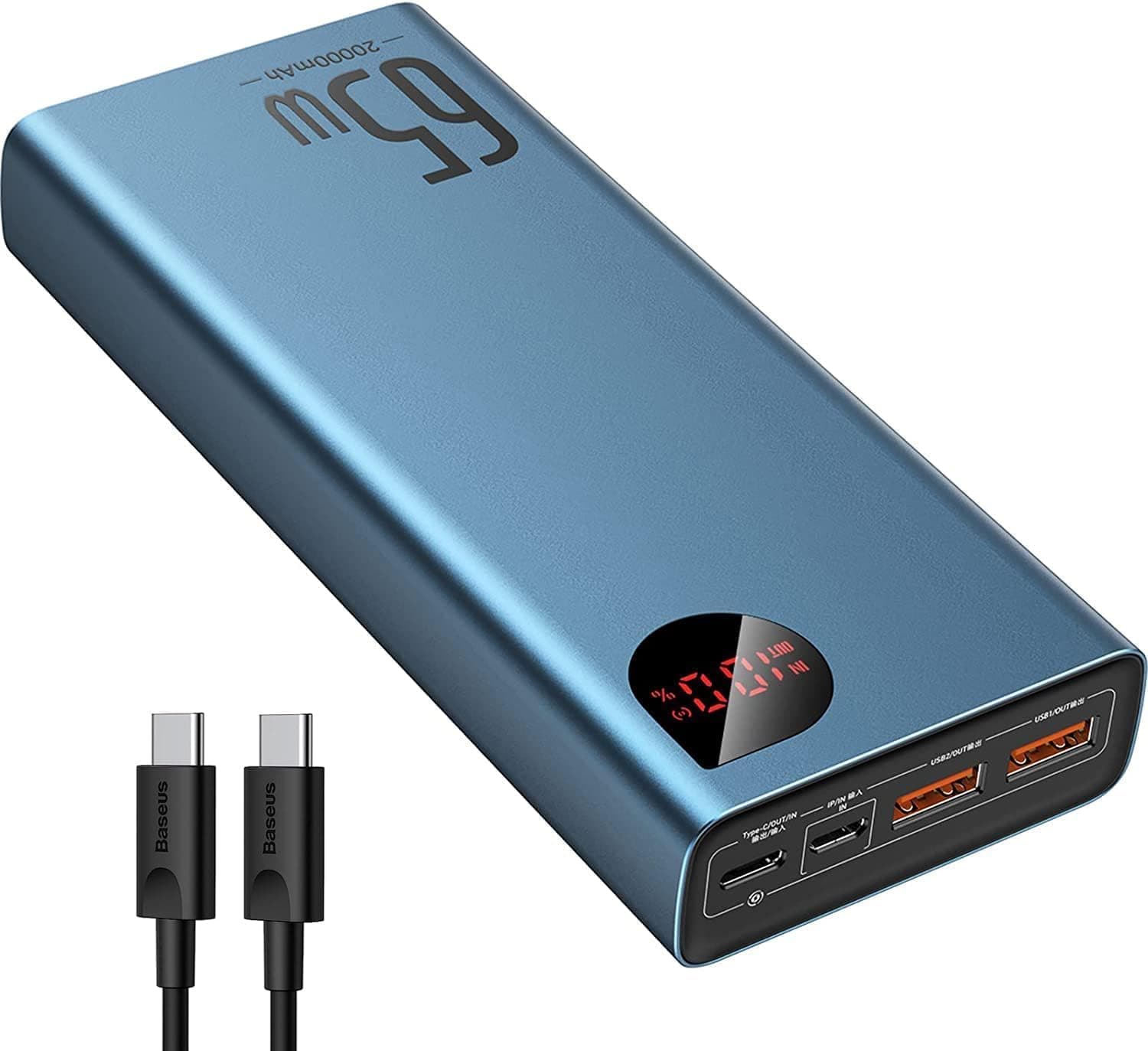 Baseus Power Bank, carregador portátil USB C de 65 W 20000 mAh, pacote de bateria de carregamento rápido PD3.0 QC4.0 com ecrã LED 