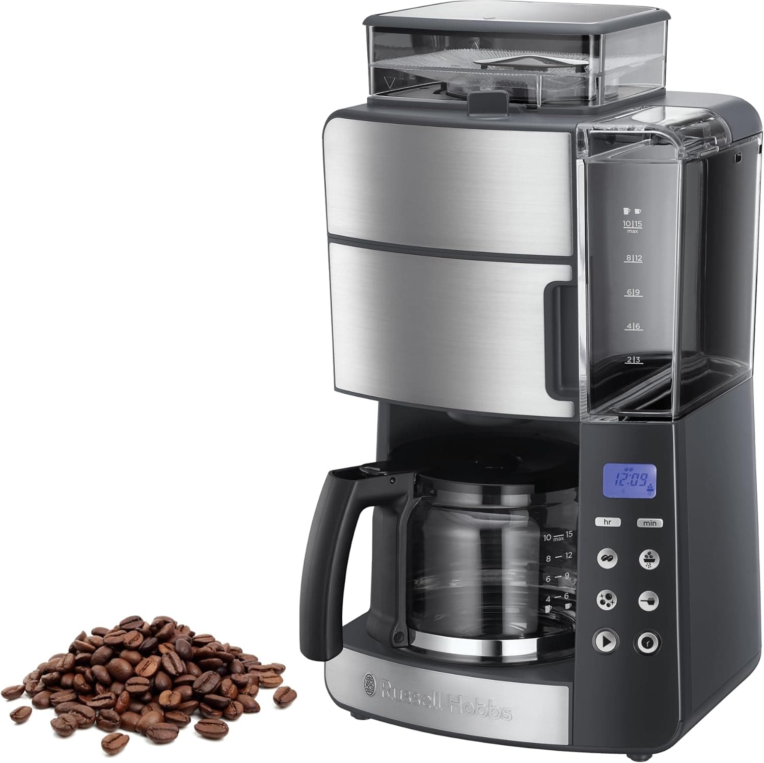 Russell Hobbs Cafeteira de gotejamento Grind & Brew - 10 chávenas, jarro de vidro 1,25 l, moinho para 250 g, 3 níveis moagem, seletor de intensidade, programável, aço inoxidável, prata e preto 