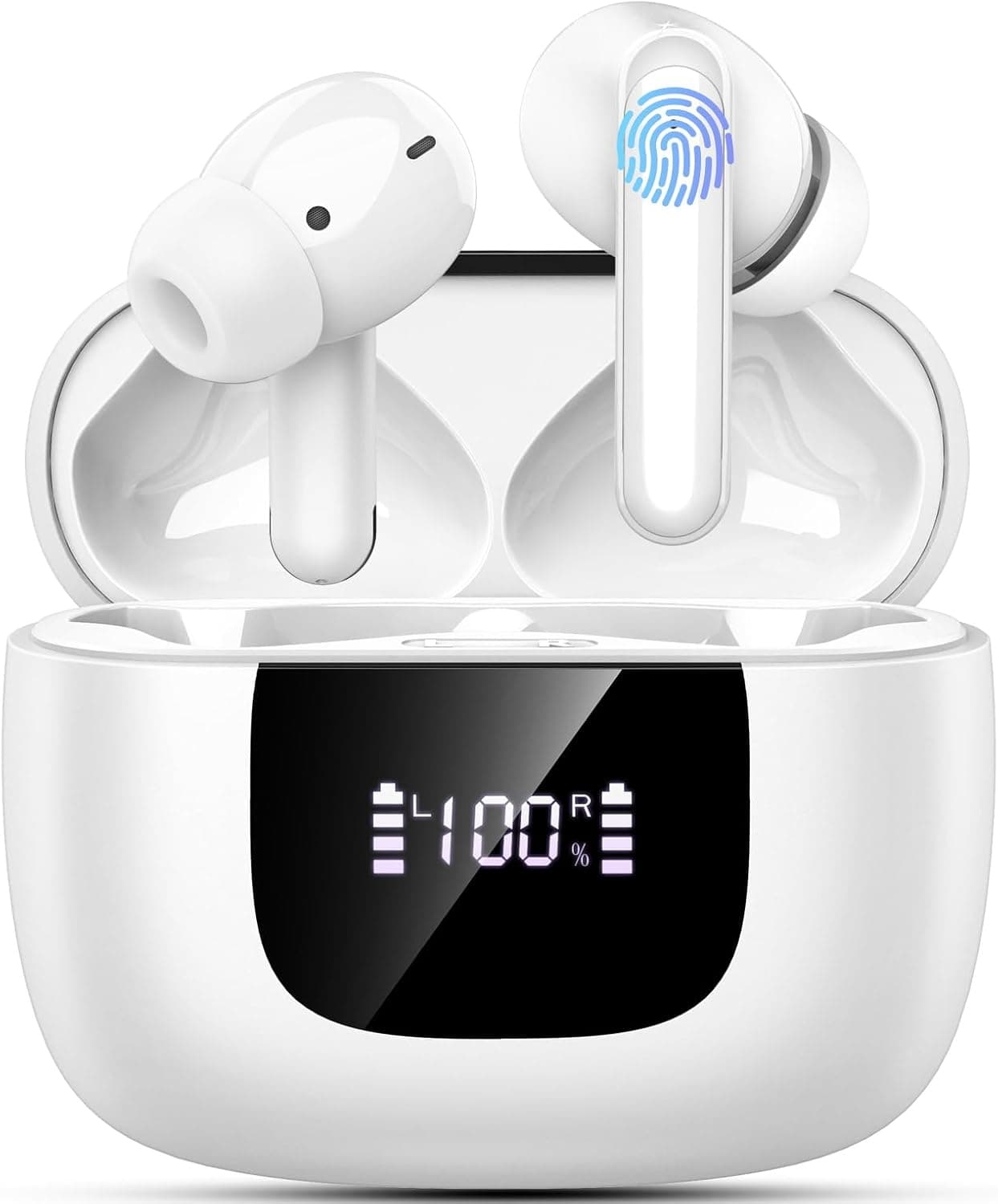 yobola Auriculares sem fios Bluetooth, capacetes sem fios Bluetooth 5.4 HiFi estéreo, auriculares Bluetooth desportivos mini com 4 ENC Mic, ecrã LED 35H, IP7 impermeável, USB-C, branco