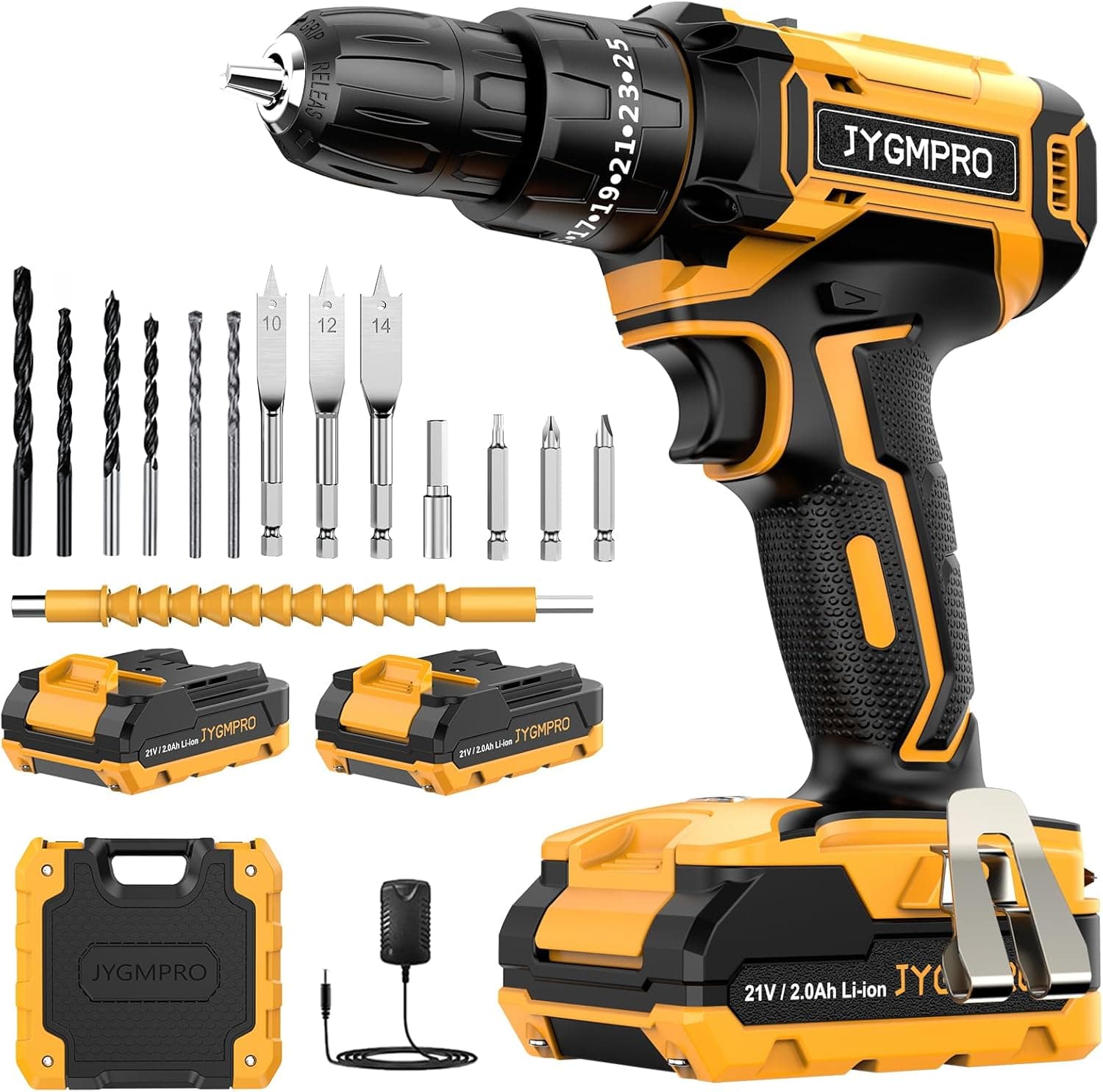 JYGMPRO Broca Percutor a bateria 21 V, broca parafuso bateria com 2 x 2,0 Ah baterias, parafuso elétrico 42 Nm, ajuste de par de 25 + 3, 14 acessórios, 2 velocidades, luz LED para casa, bricolage