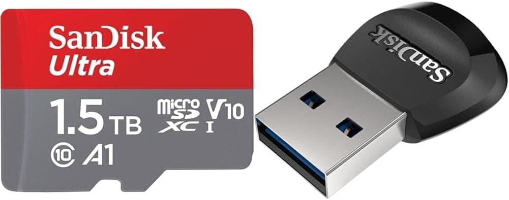 SanDisk 1,5 TB Ultra, cartão de memória microSDXC, 150 MB/s + adaptador SD, com classe A1 de desempenho de aplicações, UHS-I Class 10 U1 e SanDisk MobileMate UHS-I microSD Reader/Writer USB 3.5 0