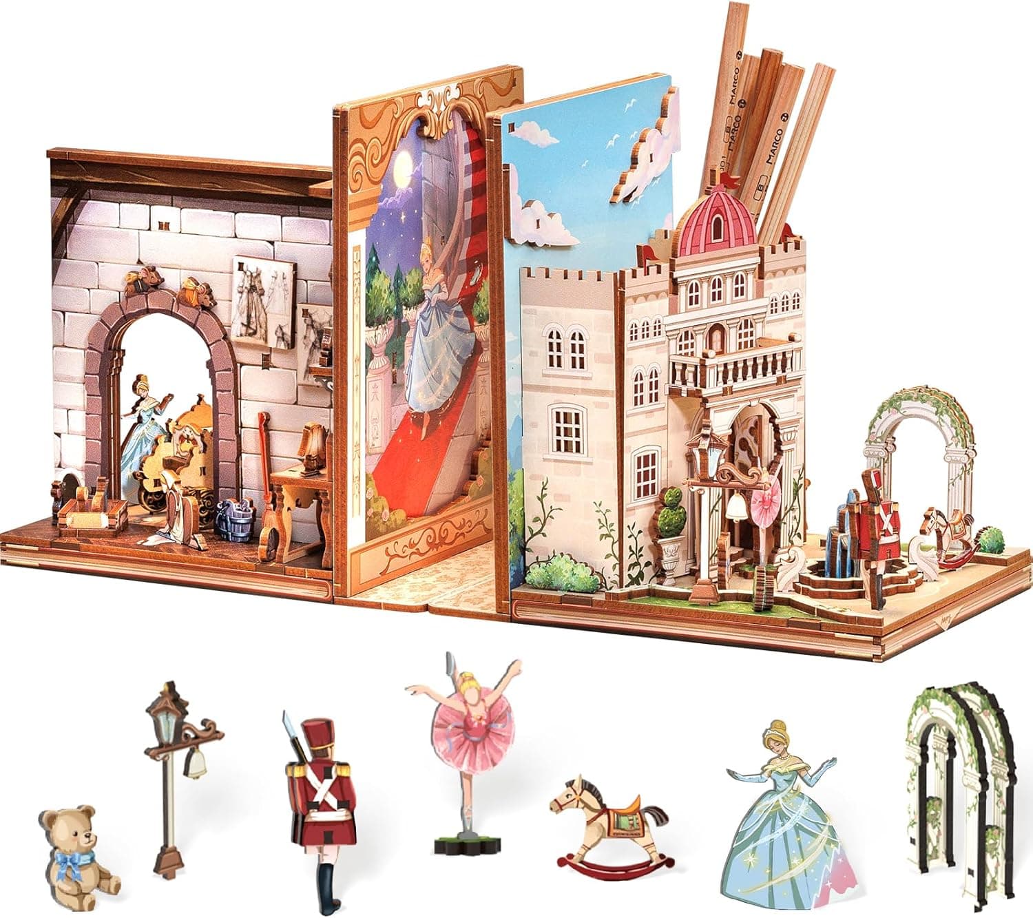 Cutefun Book Nook Kit Sujeita-livros, bricolage miniatura casa de bonecas, suportes para livros, biblioteca, casas, maquetes com luzes LED, decoração de prateleiras, cidade de fadas (IFT01)
