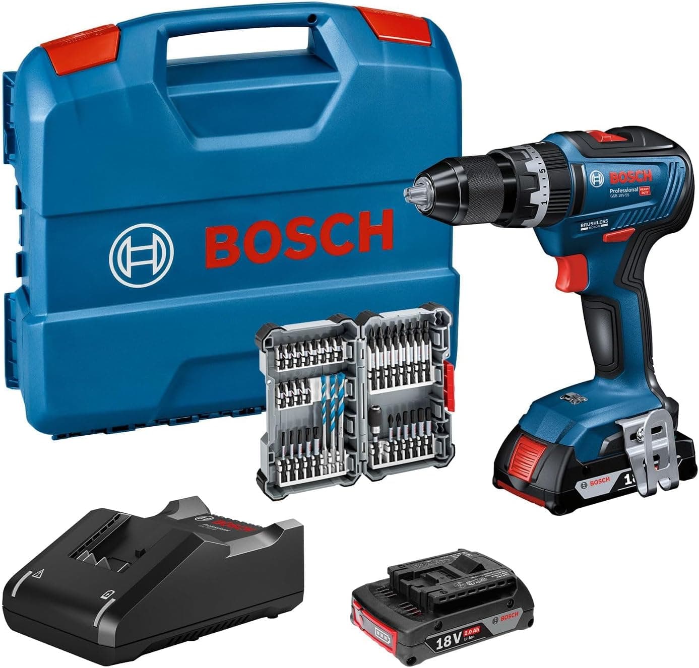 Bosch Professional GSB 18V-55 | Berbequim percussão sem escovas com 2 baterias 2.0 Ah, conjunto de 35 acessórios e maleta