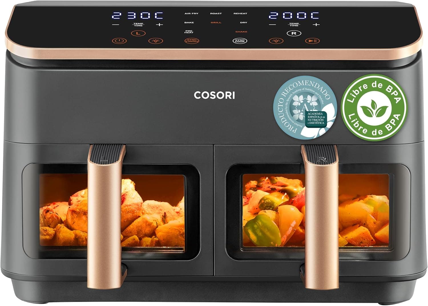 Cosori Frigideira de ar grande-True aço inoxidável-4 resistências duplo Blaze TwinFry 10 L - flexível cesta dupla Air Fryer 2800 W- Smart WIFI Controlo, 66% eficiência energética-6 em 1 - Max 10