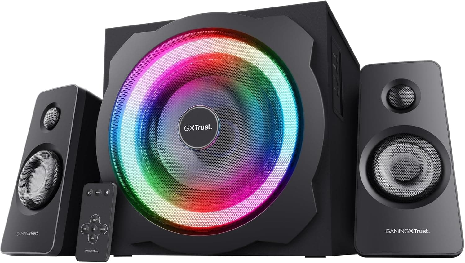 Trust Gaming GXT 629 Tytan Altifalantes PC Gaming 2.1 com subwoofer RGB, 120 W, controlo sem fios, jack de 3,5 mm, sistema de colunas para computador, portátil, smartphone, tablet - preto