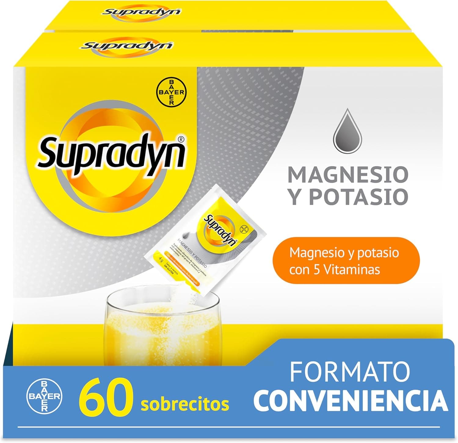 Supradyn Magnésio e potássio suplemento desportivo multivitamínico com vitamina B, C e minerais, apoio contra a fadiga em épocas de calor, sem açúcar, sabor a laranja, 60 envelopes fervescentes