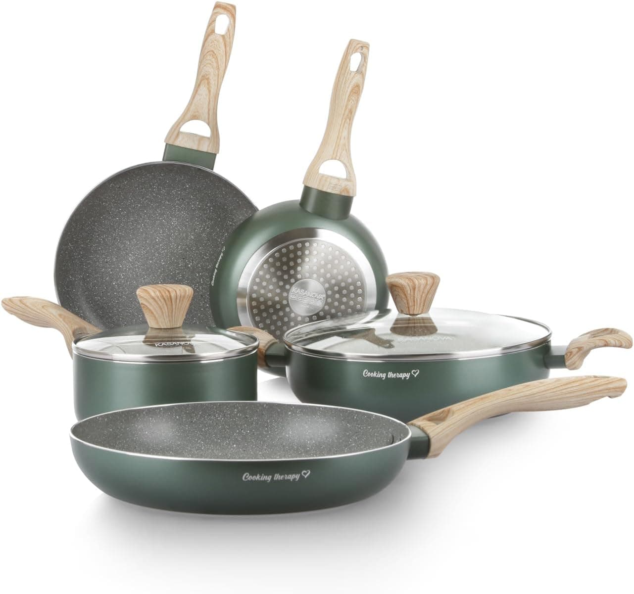 KASANOVA Bateria de cozinha Cooking Therapy, conjunto de panelas para indução e frigideiras antiaderentes com espátula, conjunto de cozinha completo com gravação a laser e alças efeito de madeira (7)