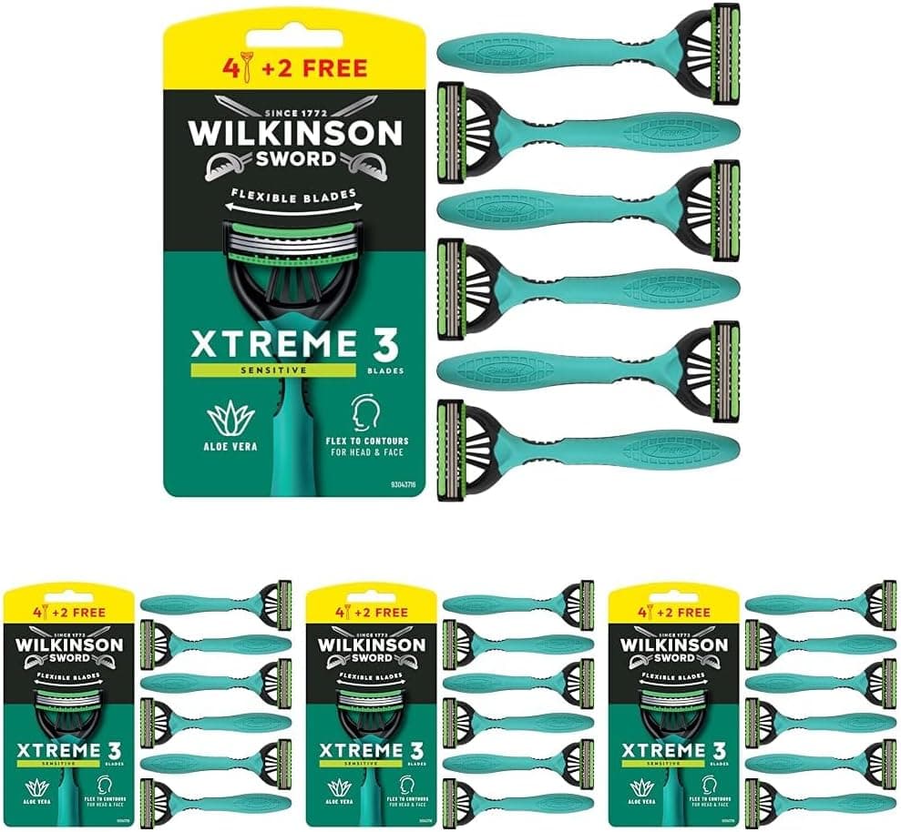 Wilkinson Sword Xtreme 3 Sensitive - Lâminas de barbear descartáveis com 3 folhas flexíveis e banda lubrificante de aloé vera e vitamina E, pack promocional de 4 unidades (embalagem de 4)