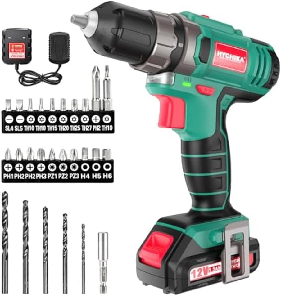 Broca parafuso 12 V, HYCHIKA chave de fenda elétrica, parafuso elétrico de 30 N.m, 21 + 1 configurações par, 2 velocidades ajustável, 25 acessórios, luz LED, parafuso de bateria, carregador rápido