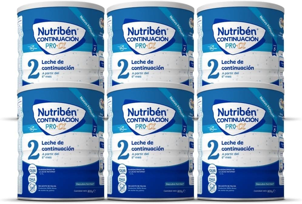 Nutribén Continuação Pro Alfa 2 - Continuação de leite em pó para bebé - leite de fórmula a partir dos 6 meses - sem óleo de palma - com ácido doseador incluído - com DHA e OLM, 6 frascos de 800 g
