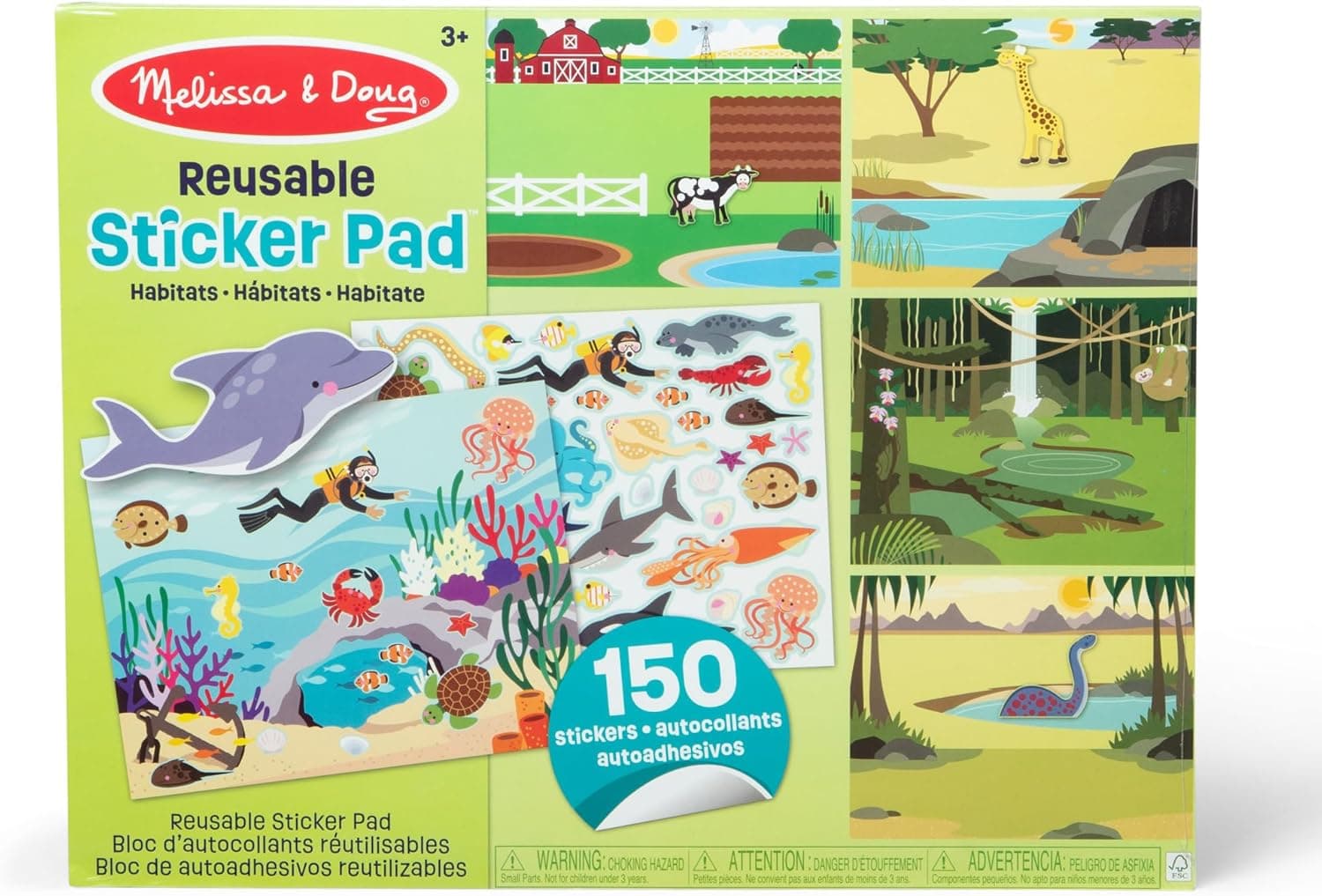 Melissa & Doug Bloco de autocolantes reutilizáveis, natureza, habitats e meio ambiente, livro de atividades, livro de autocolantes reutilizáveis para crianças