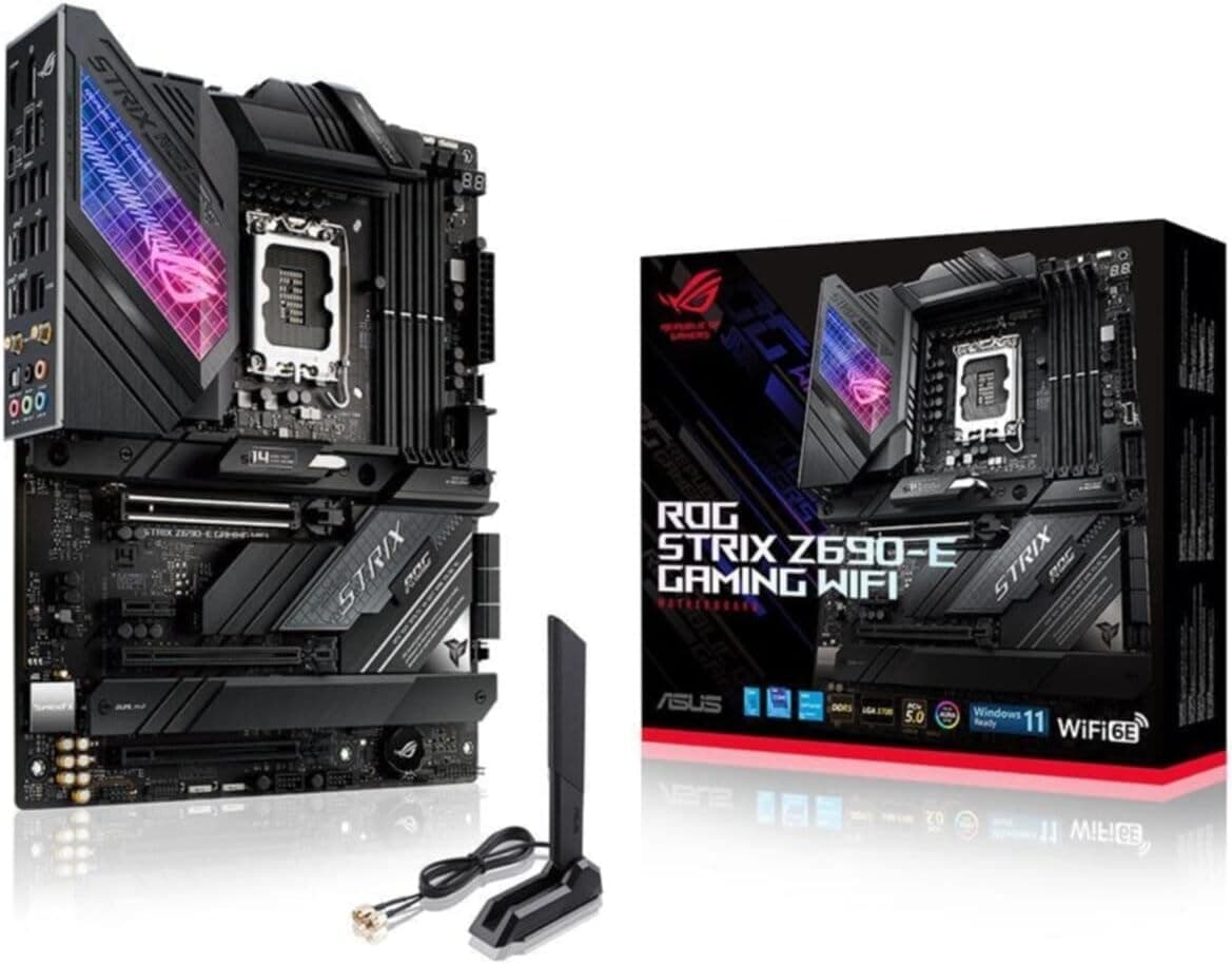 ASUS ROG Strix Z690-E Gaming Placa mãe Intel LGA 1700 ATX (VRM de 18 + 1 fases, DDR5, PCIe 5.0, M.2 Combo-Sink, Wi-Fi 6E, LAN de 2,5 GB, cinco M.2, cartão ROG hyper M.2 e Aura Sync. )