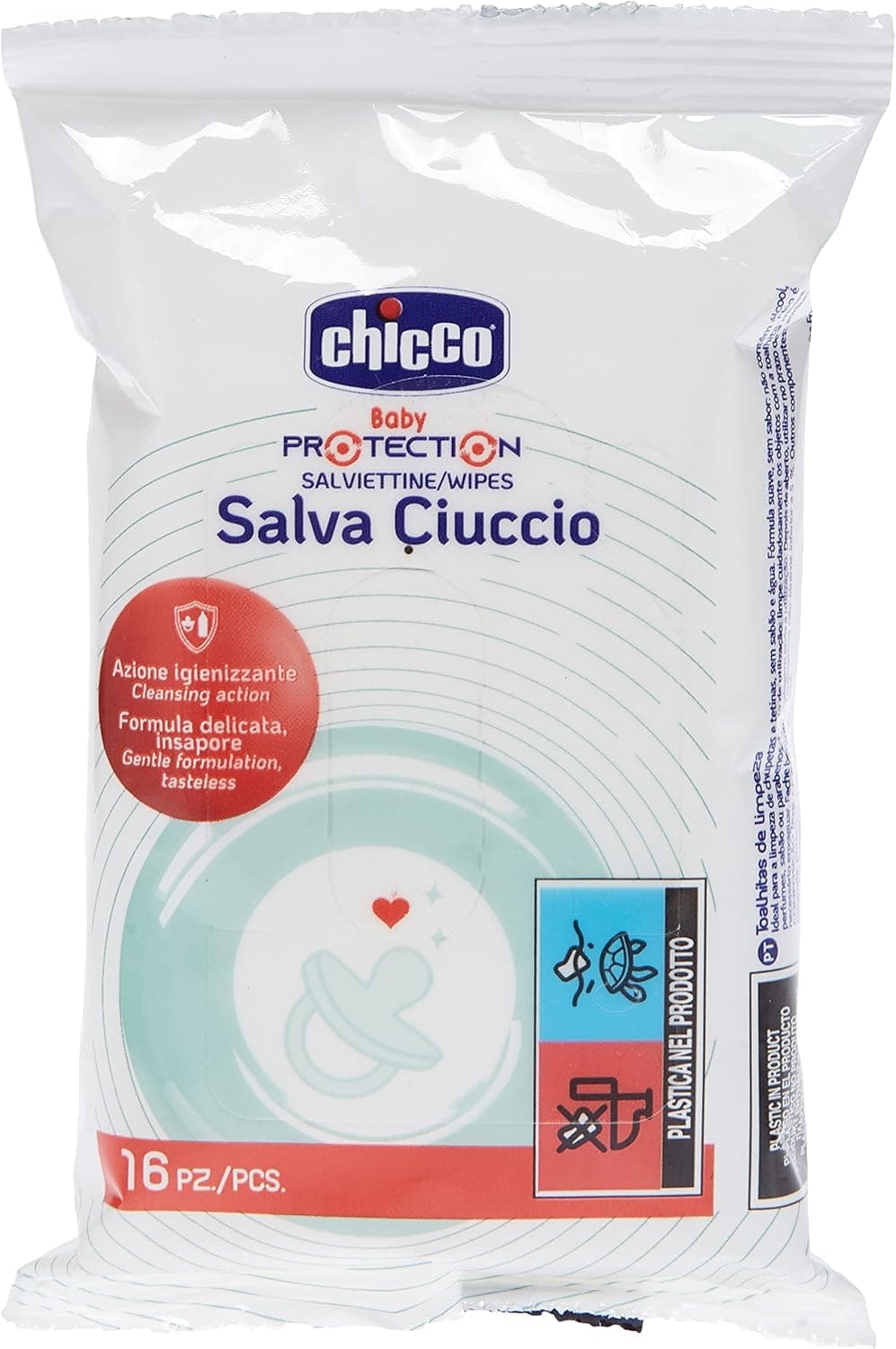 Chicco 0000792100000 Chicco Toalhetes limpos chupetas, práticas toalhas higiénicas para chupetas, bolsos e viagens, formato de 16 unidades, 4 g