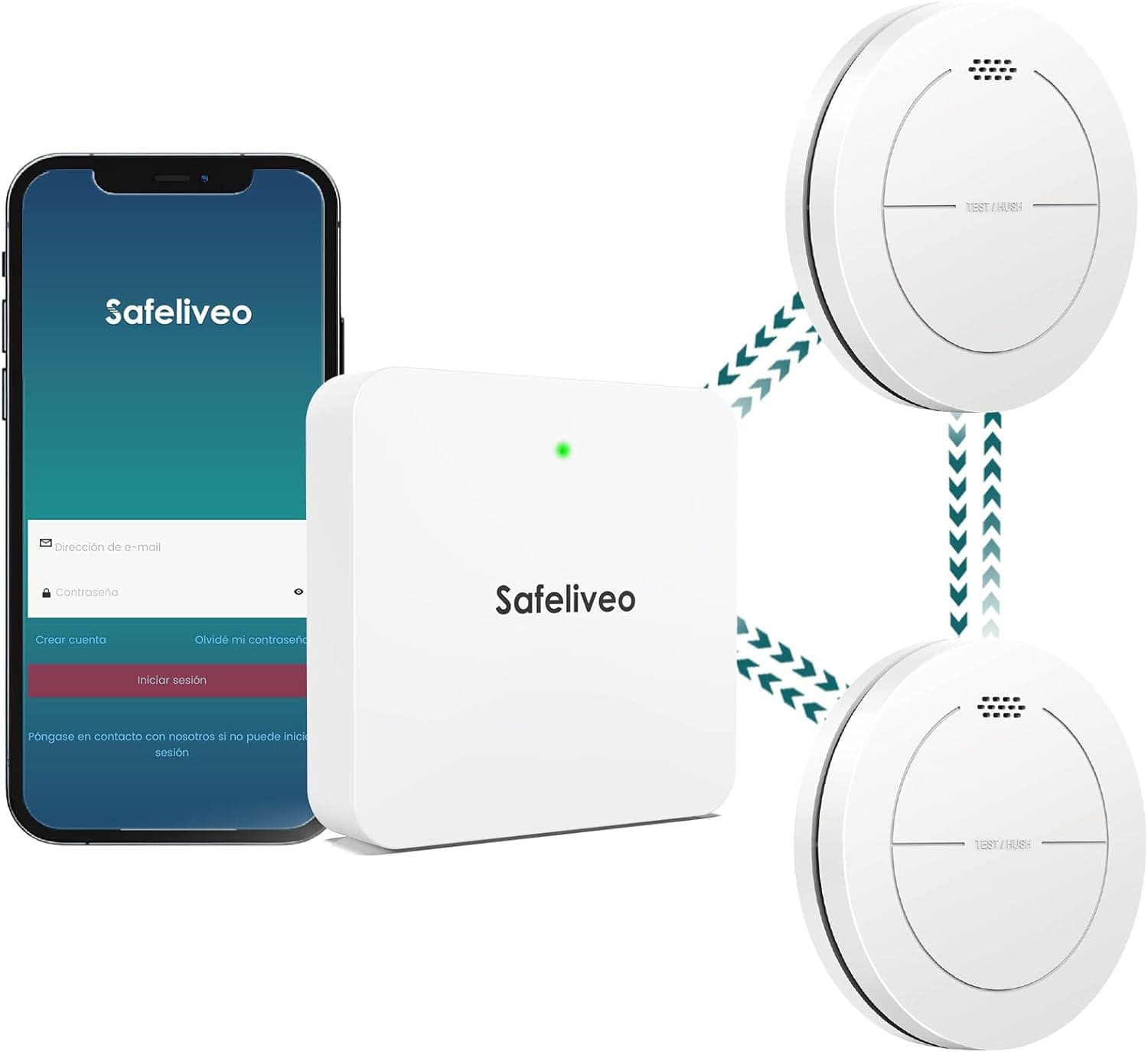 Safeliveo Detector de fumo interligado WiFi, detetor de fumo com bateria de 10 anos, conjunto de 2 com estação base, certificado TUV Rheinland, conjunto de alarme de fumo com controlo por aplicação.