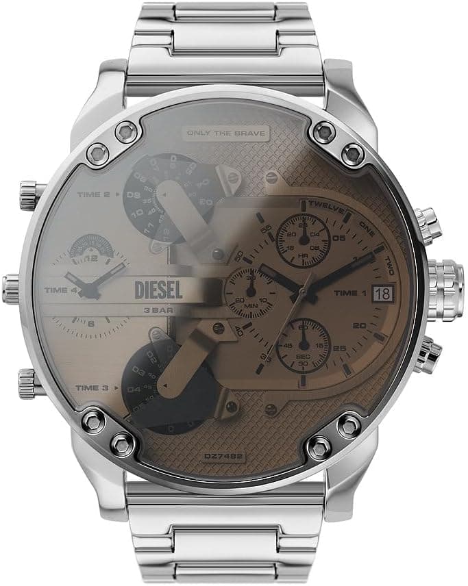 Diesel Mr. Daddy Relógio para homem, movimento multifuncional com correia de silicone, aço inoxidável ou pele