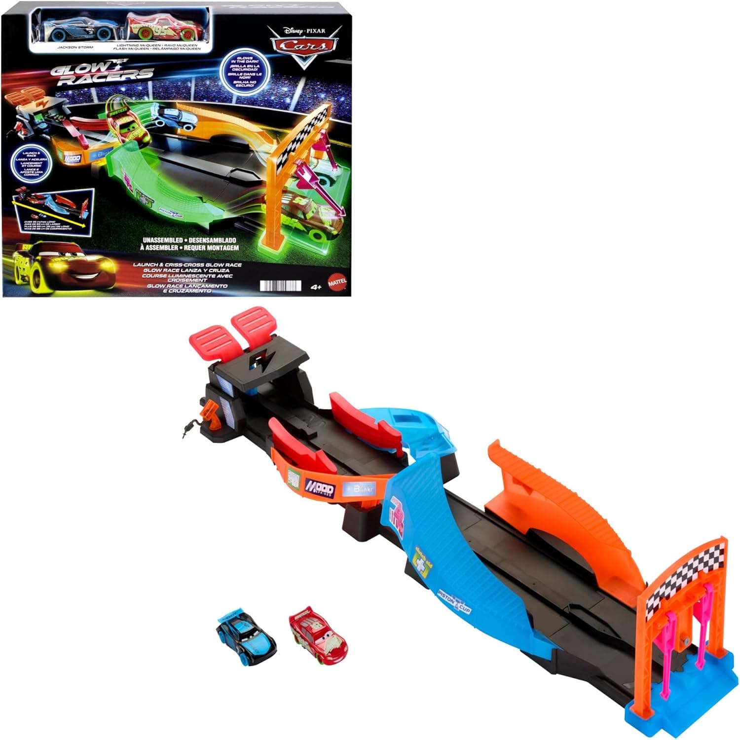 Mattel Disney Pixar Cars Night Racing Pista para carros de brinquedo que brilha no escuro, inclui 2 veículos + 3 anos (HPD80)