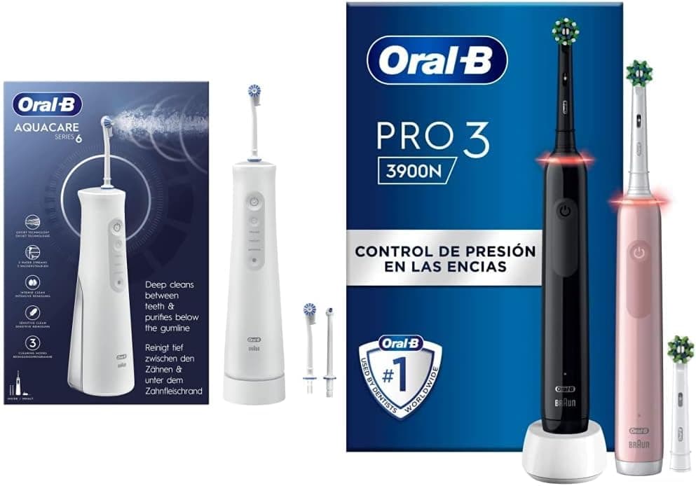 Oral-B Aquacare Pro-Expert Irrigador dentário sem fios com tecnologia Oxyjet & Pro 3 3900N escovas de dentes elétricas (pacote de 2) com alças recarregáveis preto e rosa, presentes originais