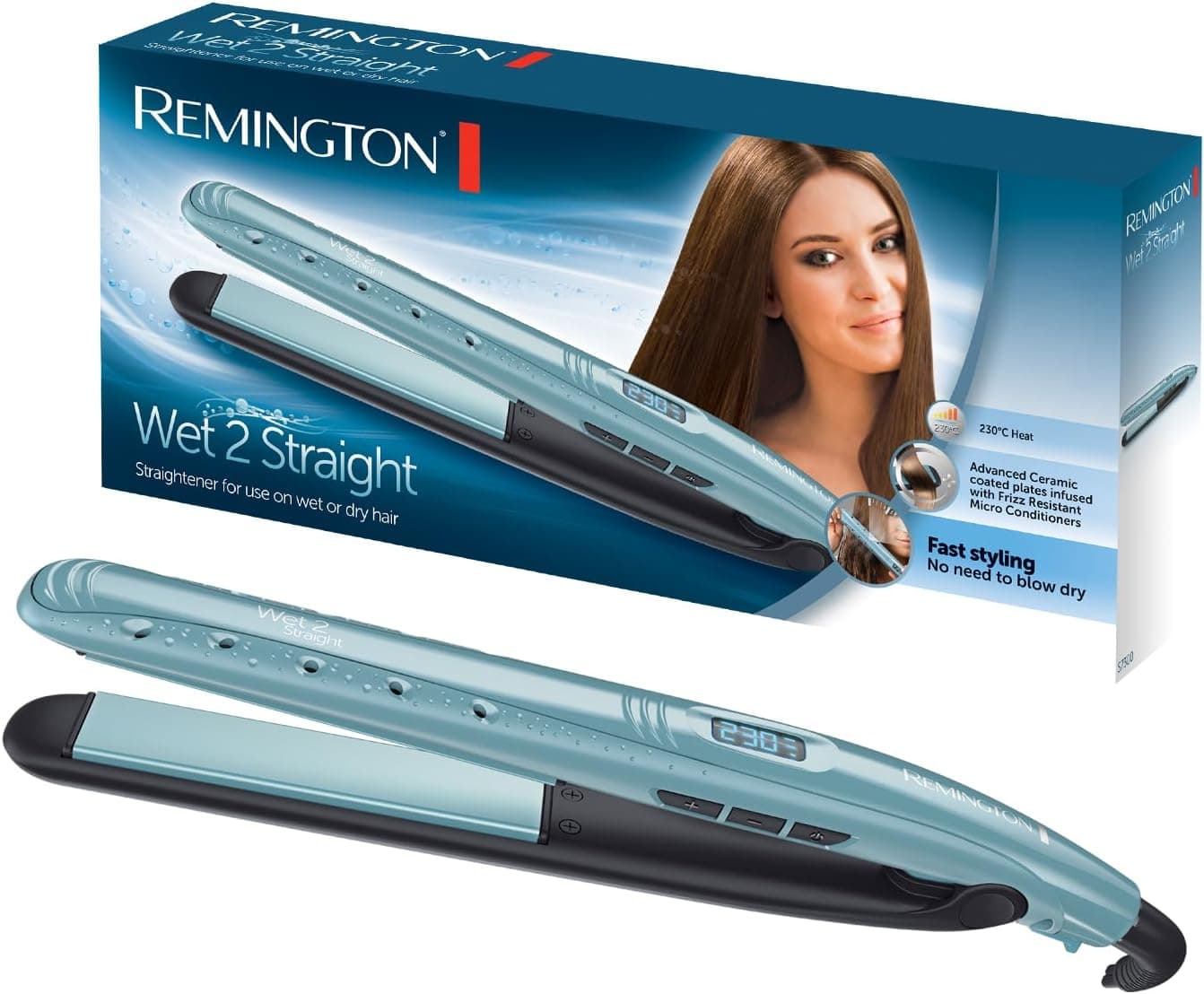 Remington Ferro de cabelo Wet 2 Straight, cabelo seco e húmido, placas flutuantes extralongas, cerâmica avançada anti-fricção, 10 temperaturas até 230°C, função turbo, digital, S7300