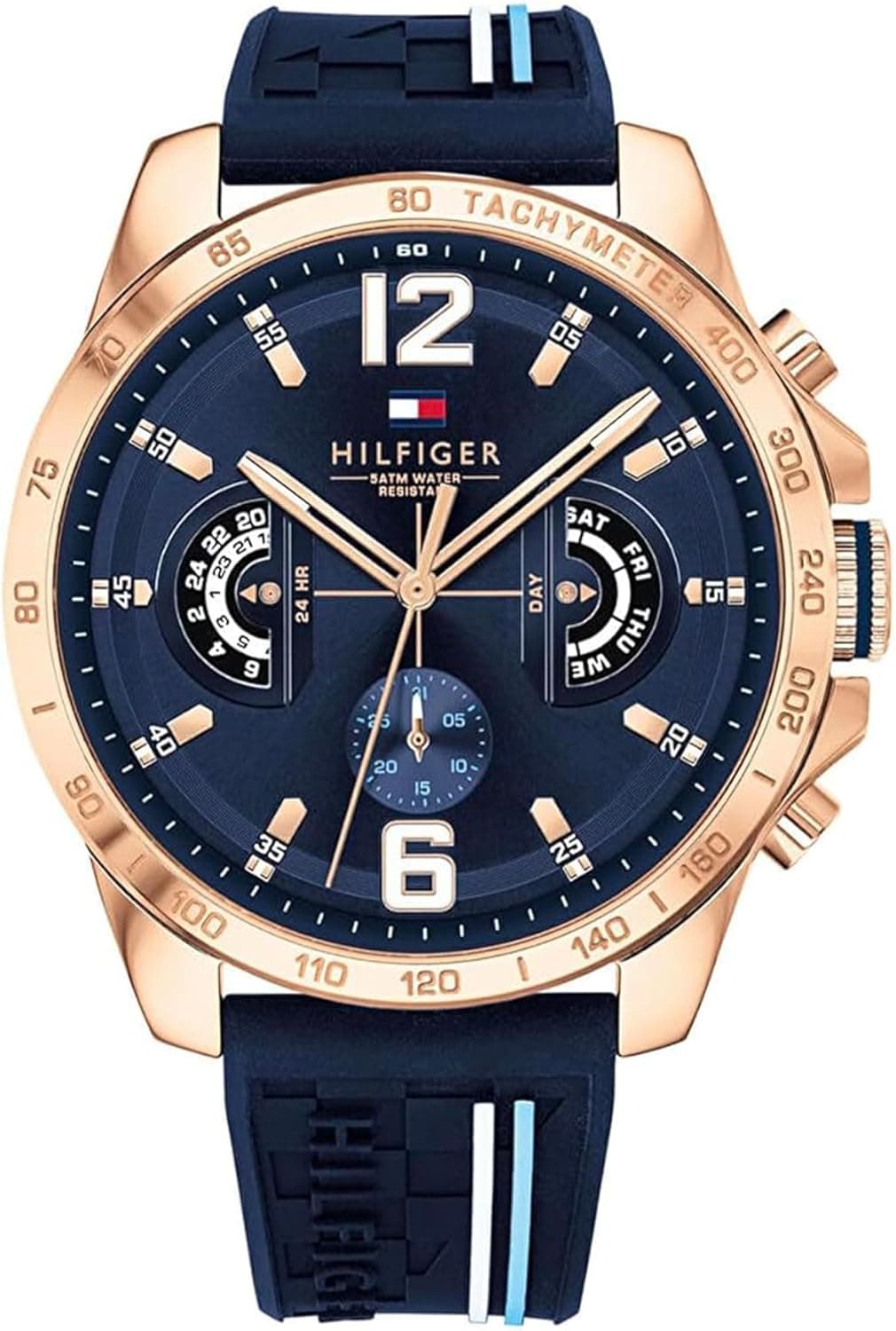 Tommy Hilfiger Navy & Gold Silicone | Relógio analógico multifunções para homem resistente à água