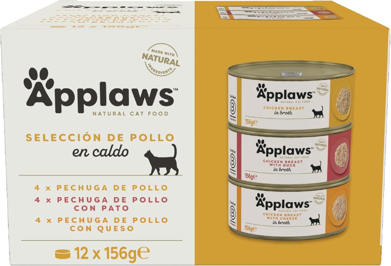 Applaws Comida húmida natural 100 % frango multipack em caldo para gatos - A embalagem contém 12 latas de 156 g